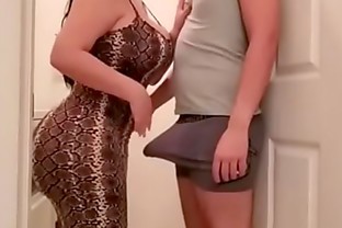 Big ass mom and big tits in dress fucks her son in the laundry room -
