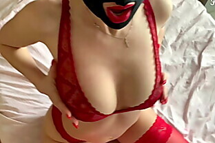 Amateur blowjob and ass fuck in a nylon mask and with red lips/FeralBerryy 6 min