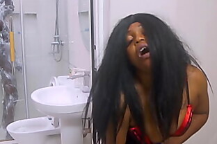 Rich man's wife squirt so much while she fucks herself with her big toy while watching her big black dick driver take his bath, watch as the driver gives her a hardest when he caught her peeping her