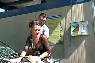 Beautiful french brunette in fishnet anal fucked outdoor at the carwash 6 min
