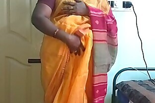 desi  indian horny tamil telugu kannada malayalam hindi cheating wife vanitha wearing orange colour saree  showing big boobs and shaved pussy press hard boobs press nip rubbing pussy masturbation 10 min