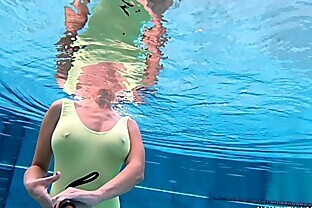 My transparent when wet one piece swimwear in public pool 14 min