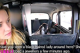 Female Fake Taxi Pretty brunette has 1st lesbian orgasm with strap-on cock 12 min