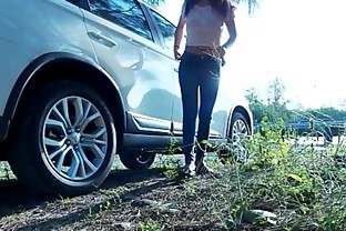 Piss Stop - Urgent Outdoor Roadside Pee and Cock Sucking by Asian Girl Tina in Blue Jeans